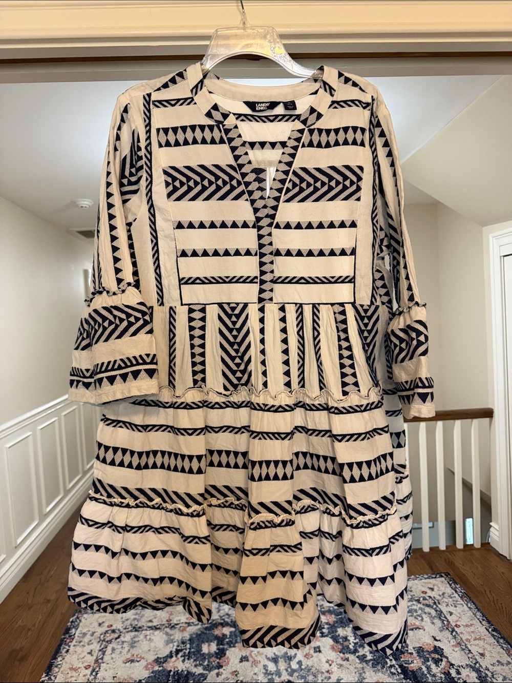 Lands' End Blue and White Geometric Tiered Mini Dress